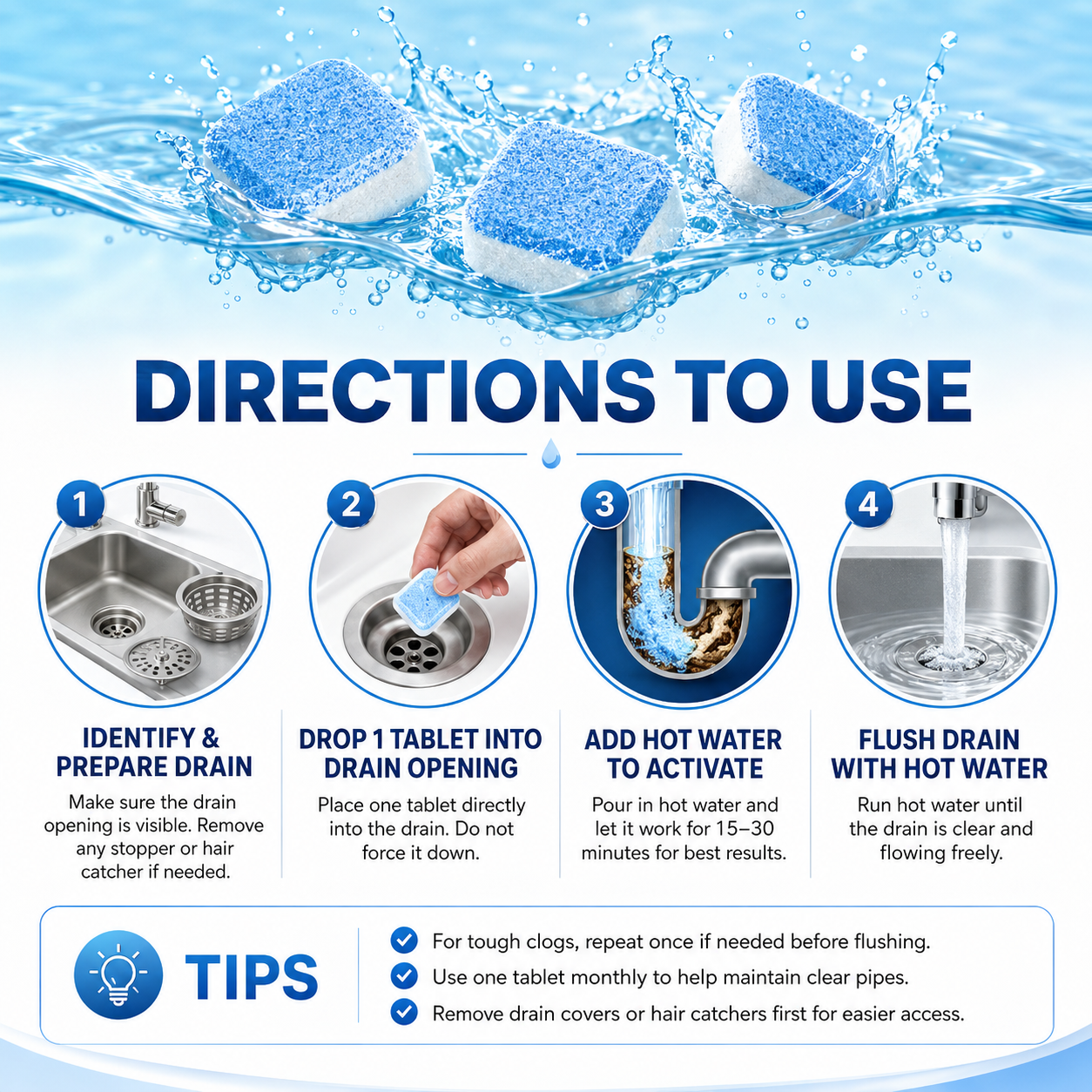 💥LAST DAY 49% OFF🫧Drain Cleaning Tablets 12 Pack For Sinks, Showers & Washing Machines