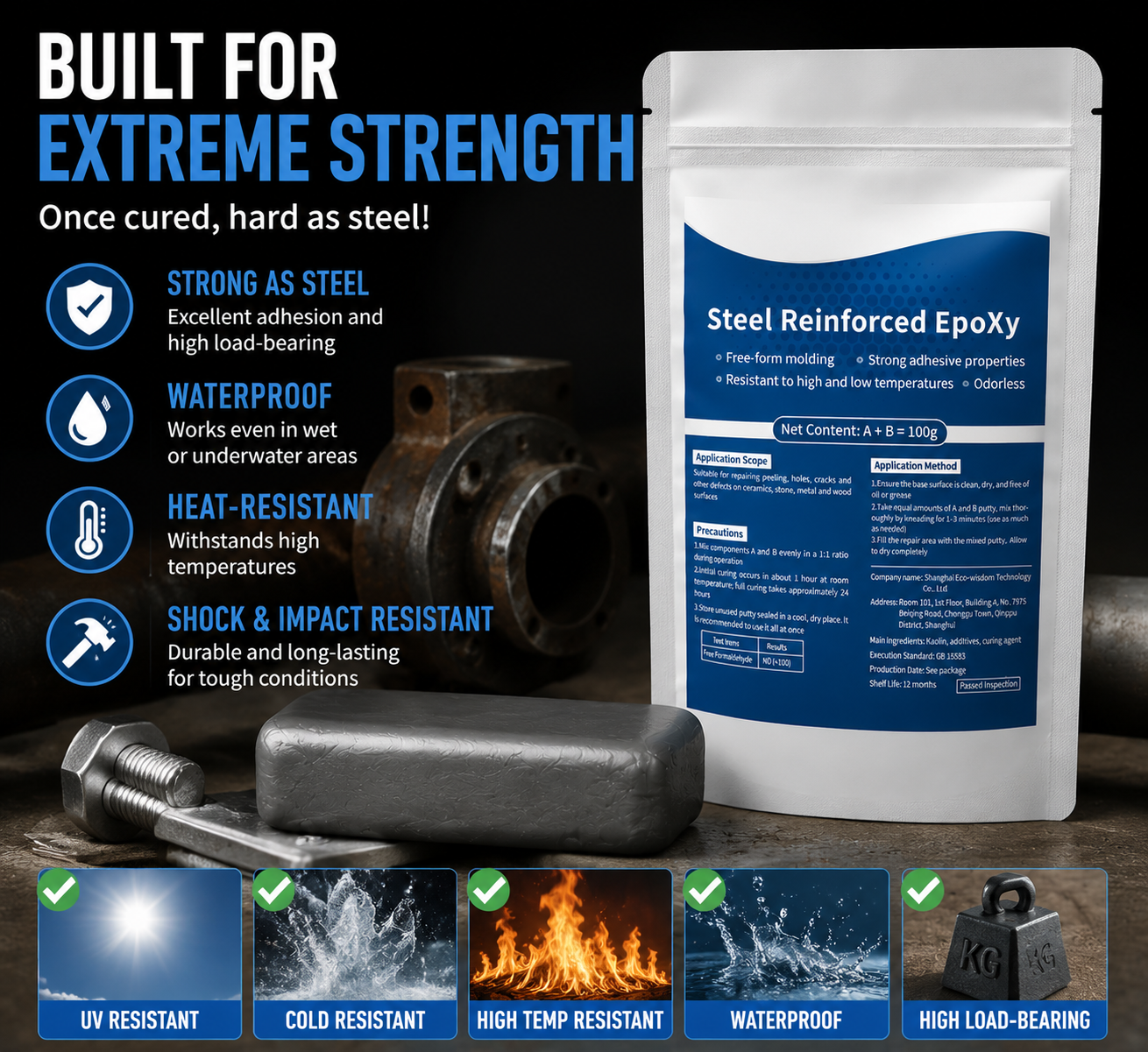 Repair Clay package with waterproof and heat-resistant feature callouts