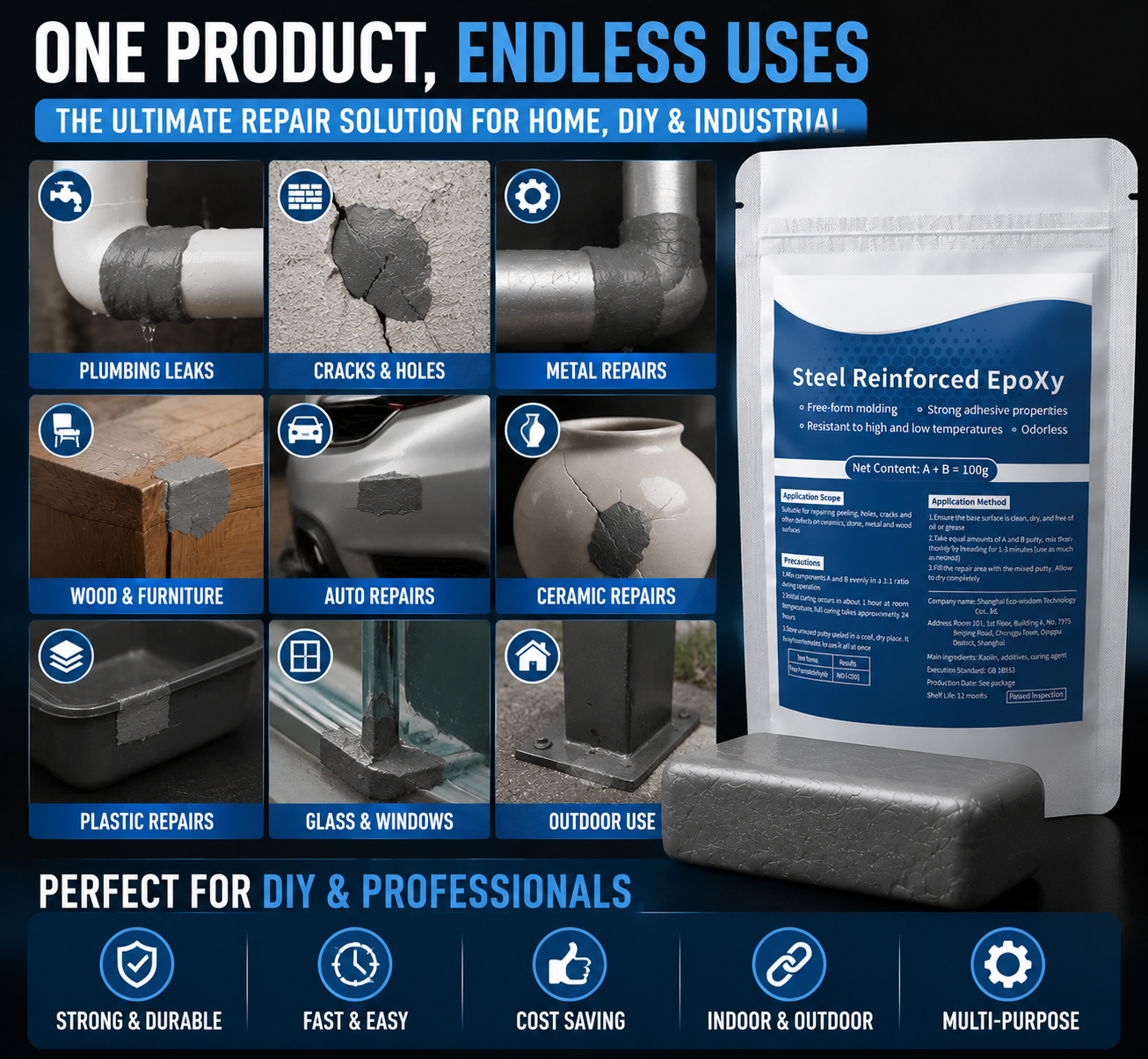 Repair Clay use cases for plumbing, cracks, wood, metal, plastic, glass, and outdoor areas