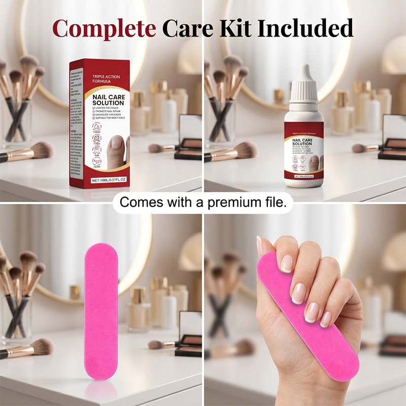 Complete nail care kit with solution and file